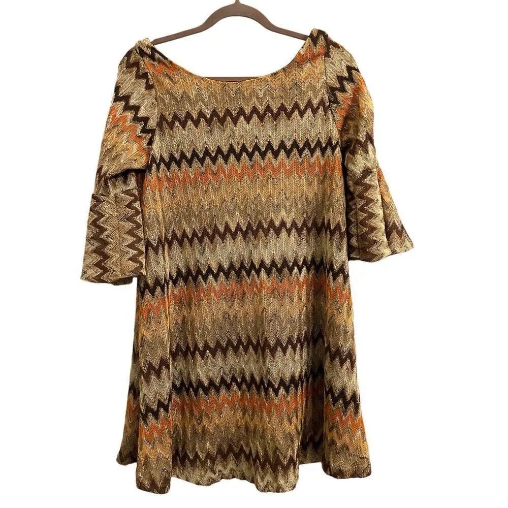 Judith March Chevron Crochet Knit Flare Sleeves Woven Dress L Boho Hippy